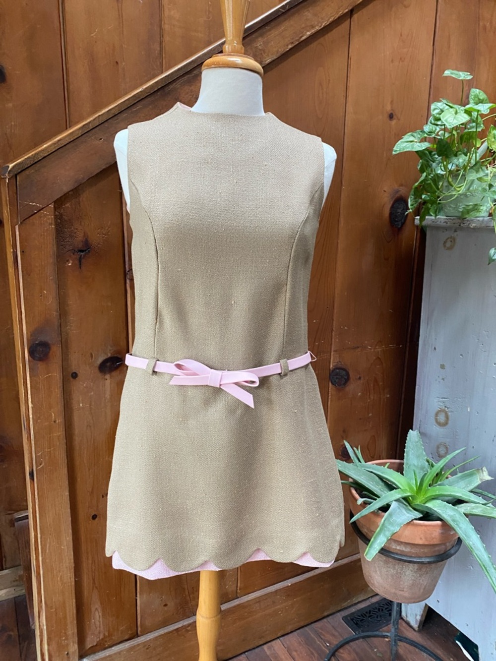 Vintage Handmade Burlap Shift Dress with Pink Accents & Belt